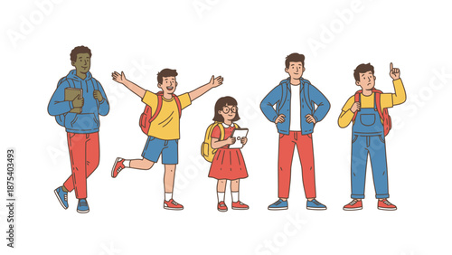 Diverse Group of Happy School Students with Backpacks and Books. Back to School Concept Vector Illustration.
