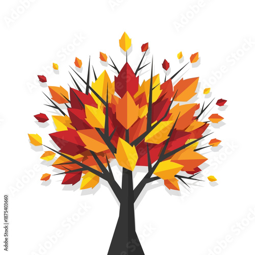 Autumn Tree with Colorful Geometric Leaves - Flat Design
