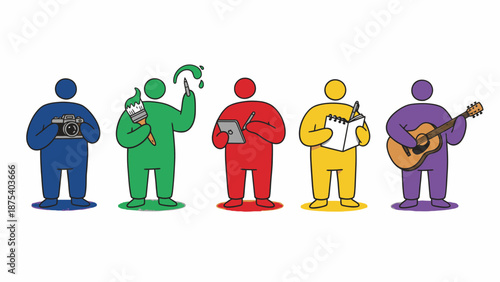 Diverse Group of Colorful Creative Professionals and Artists. Doodled figures representing photographer, painter, designer, writer, and musician.