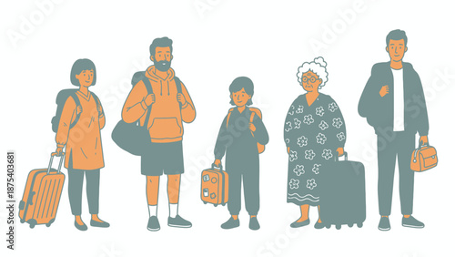 Diverse Group of Travelers with Luggage. Family or Friends Ready for Vacation Trip. Cute Modern Vector Illustration.