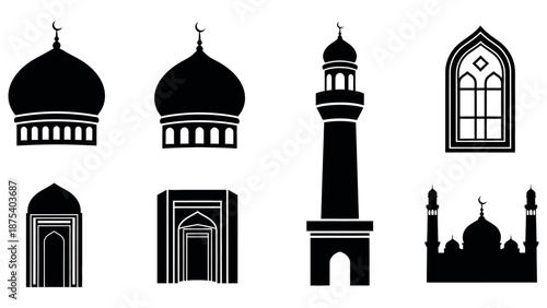 Collection of traditional Islamic architecture elements featuring mosque domes tall minarets and ornate arched windows for design projects