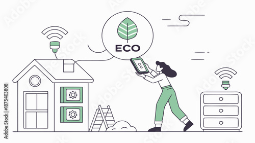 Eco-Friendly Smart Home: A contemporary illustration of a person interacting with a smart home system, epitomizing eco-conscious living through technological innovation and sustainable practices.