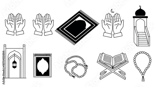 Comprehensive collection of Islamic religious symbols and prayer elements featuring hands minbar mats and holy book icons
