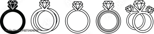 A collection of black and white line art illustrations depicting various styles of diamond rings and wedding bands showcasing different designs