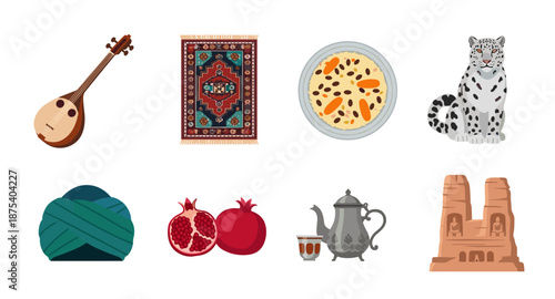 Collection of Central Asian cultural symbols and elements