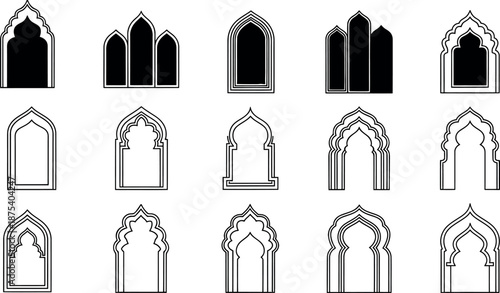 Elegant collection of diverse Islamic architectural arch designs and traditional decorative window frames vector illustration set