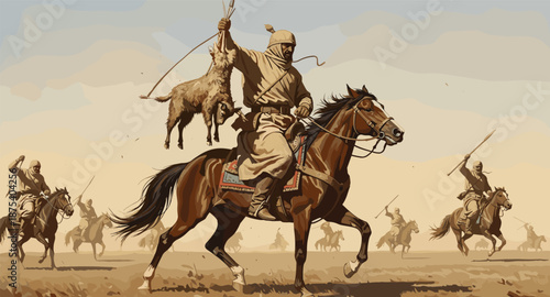 Horseback riders in desert landscape, one rider holds up a goat he has caught