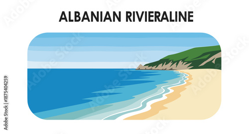 Albanian Riviera coastline with sandy beach and turquoise sea, scenic landscape illustration