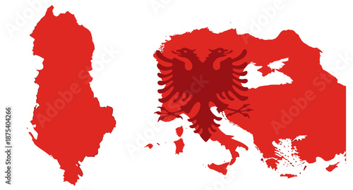 Albania map outline with double-headed eagle symbol in red on white background