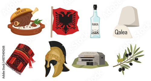 Albanian cultural symbols including food, flag, drink, clothing, history, and nature