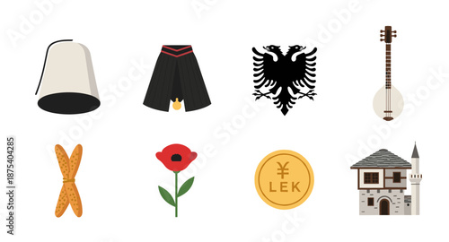 Albanian cultural symbols including traditional clothing, national emblem, and currency