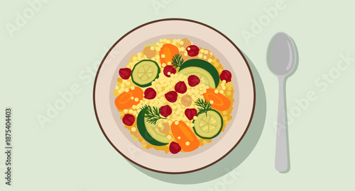 Healthy couscous salad with fresh vegetables and herbs served on a plate with a spoon