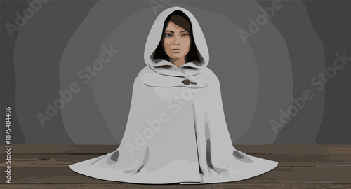 Woman in a white hooded cloak standing on a wooden floor against a textured gray background