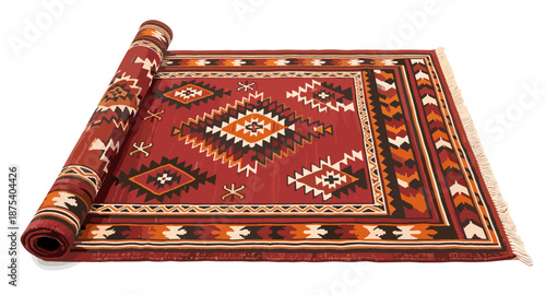 Traditional Kilim Rug with Geometric Patterns in Rich Red and Earth Tones