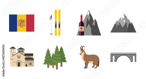 Andorra travel icons: flag, skis, wine, mountains, church, trees, chamois, bridge