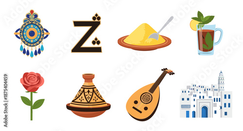 Collection of Tunisian cultural symbols and icons on a white background