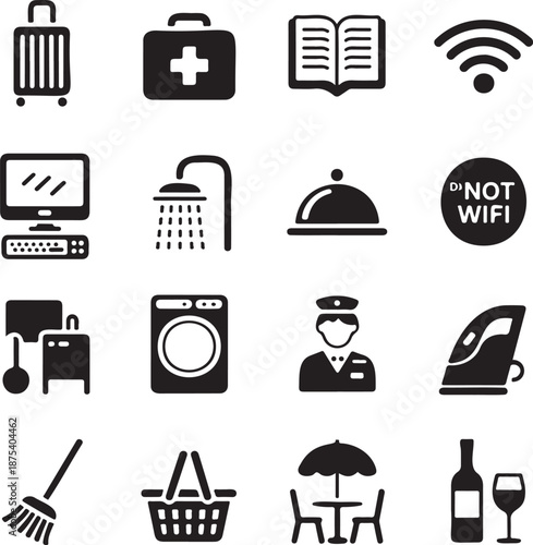 A comprehensive collection of black silhouette icons depicting various hotel amenities and hospitality services