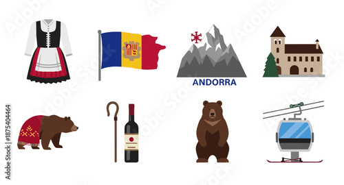 Collection of Andorra symbols including traditional dress, flag, mountains, and bears