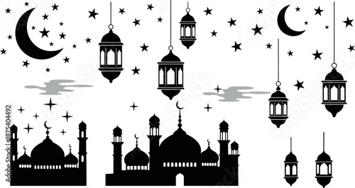 Elegant Islamic Ramadan and Eid celebration pattern featuring mosque silhouettes shining crescent moons stars and hanging lanterns vector design