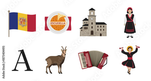 Andorra cultural symbols and landmarks collection with flag and traditional attire