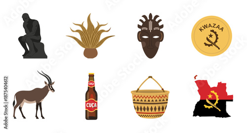 Collection of Angolan cultural symbols and landmarks, including a statue and a map