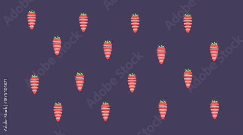 Seamless pattern of sliced red strawberries with green leaves on dark purple background, flat vector food illustration