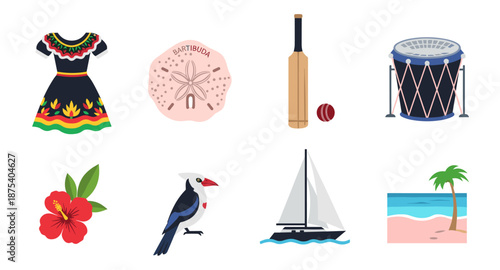 Collection of Caribbean cultural and natural icons including a dress, sand dollar, cricket bat, drum, hibiscus, bird, sailboat, and beach