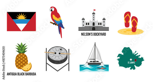 Antigua and Barbuda symbols: flag, parrot, Nelson's Dockyard, pineapple, steelpan, sailboat, map