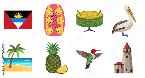 Antigua and Barbuda symbols: flag, fruits, nature, music, and architecture
