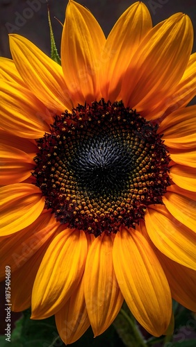 Close-up of a bright sunflower with gold petals surrounding a dark center, detailed textures and warm light