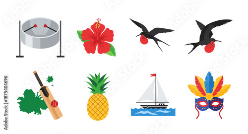 Caribbean cultural icons: steel drum, hibiscus, frigate birds, cricket, pineapple, sailboat, and mask