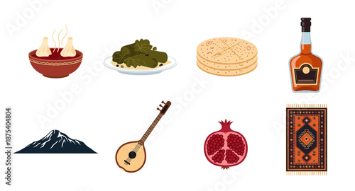 Collection of Georgian cultural symbols and traditional food items