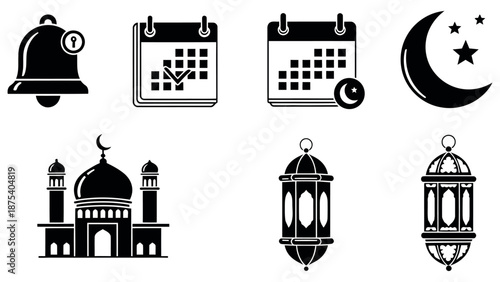 Essential set of Islamic religious celebration icons including mosque lanterns crescent moon and calendar event symbols for design projects