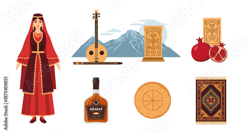 Armenian cultural symbols and traditions illustrated in a flat design style