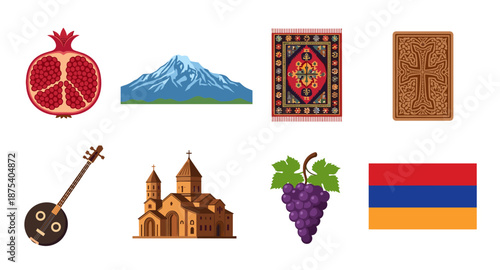 Collection of Armenian cultural symbols including Mount Ararat, pomegranate, church, and flag