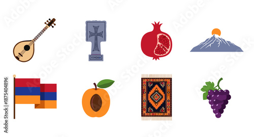 Armenian cultural symbols and landmarks collection with flag, mountain, and traditional items
