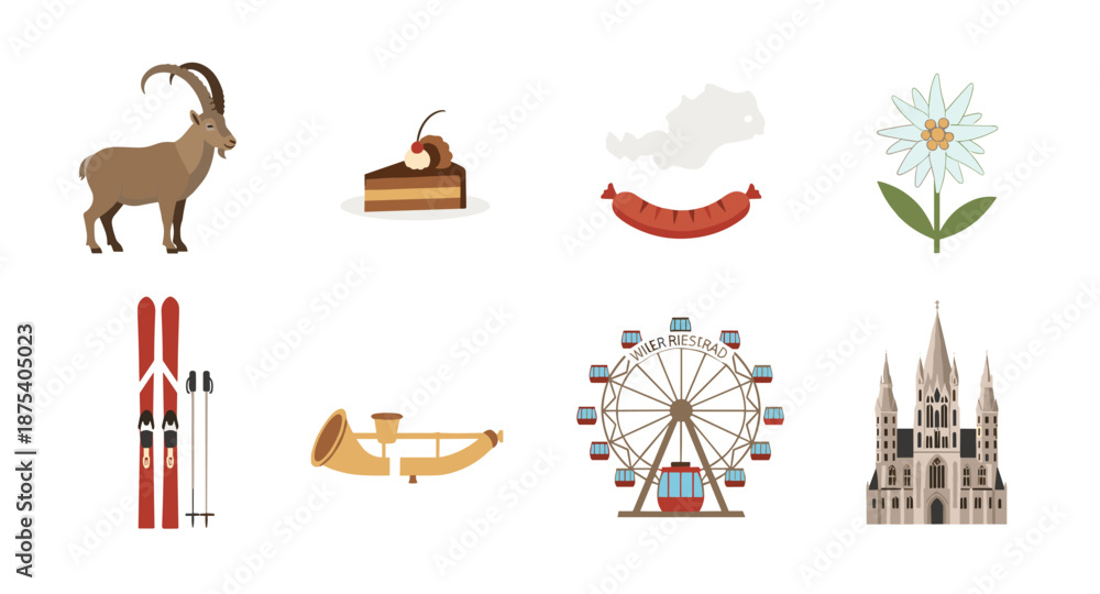 Fototapeta premium Collection of Austrian cultural symbols and landmarks in a flat design style