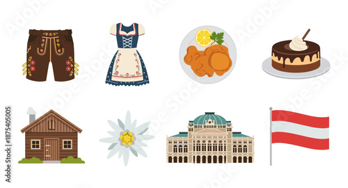 Collection of Austrian cultural symbols and landmarks in a flat design style
