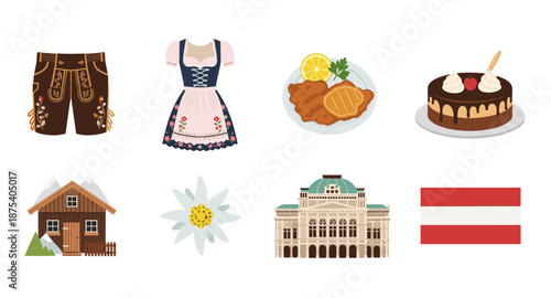 Collection of Austrian cultural icons and symbols, including traditional clothing and landmarks