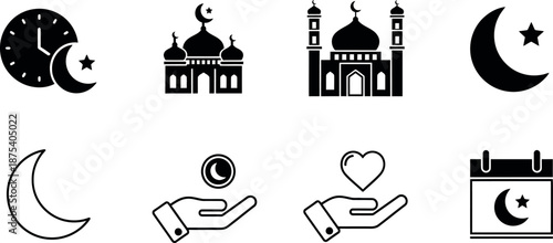 Modern set of Islamic religious celebration icons featuring mosques time symbols and charity concepts