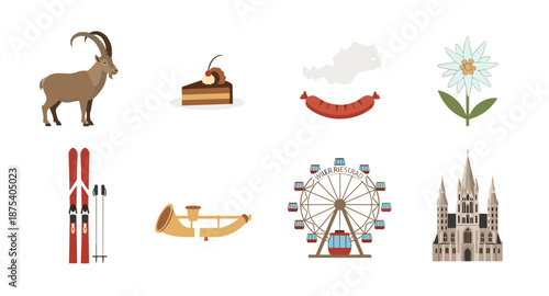 Collection of Austrian cultural symbols and landmarks in a flat design style