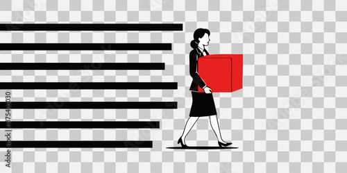 Businesswoman carrying red box past black bars