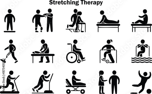 Black icons illustrating various stretching therapy exercises and rehabilitation activities on a clear white background