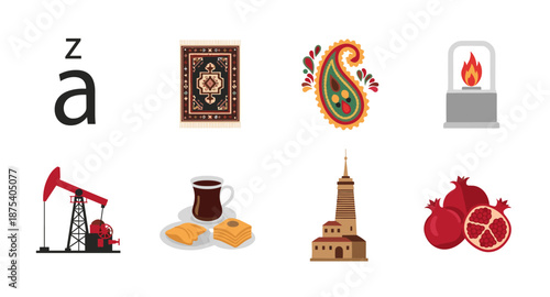 Azerbaijan cultural symbols and landmarks collection with oil pump and flame