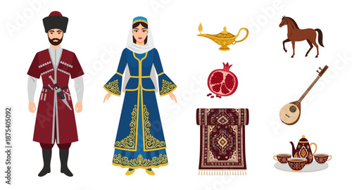 Traditional Caucasian couple in ethnic clothing with cultural symbols and artifacts