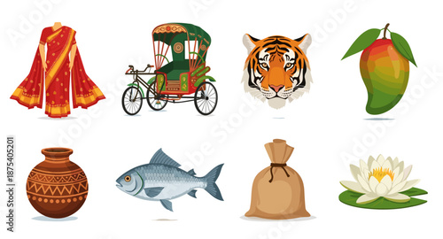 Collection of iconic Bengali cultural symbols and elements on a white background