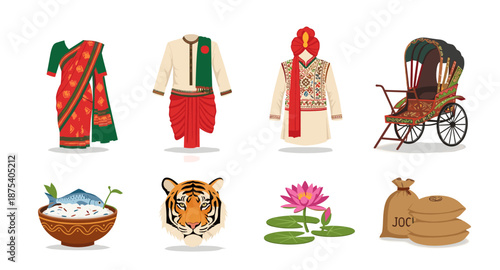 Traditional Bengali cultural symbols and clothing collection on white background