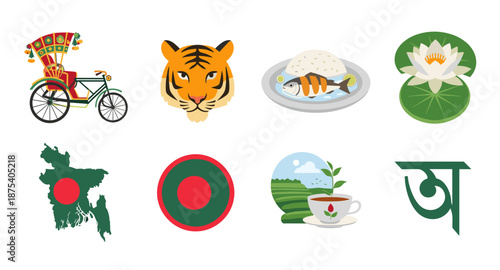 Collection of iconic symbols representing Bangladesh culture and nature
