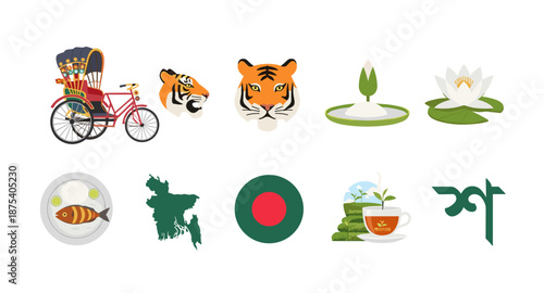 Collection of Bangladesh national symbols and cultural icons in flat design