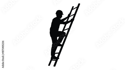 Worker climbing ladder to reach high place safely